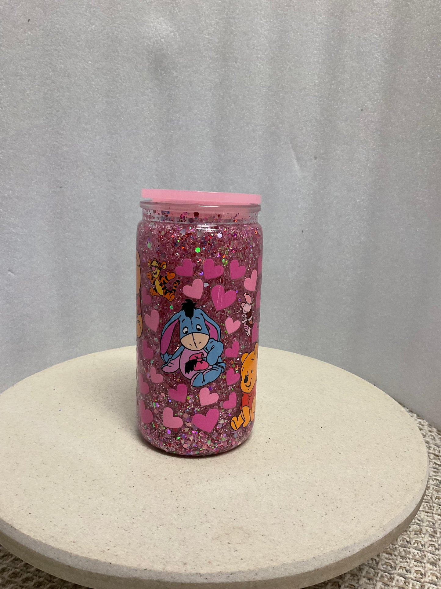 Poo bear hearts pink acrylic snowglobe