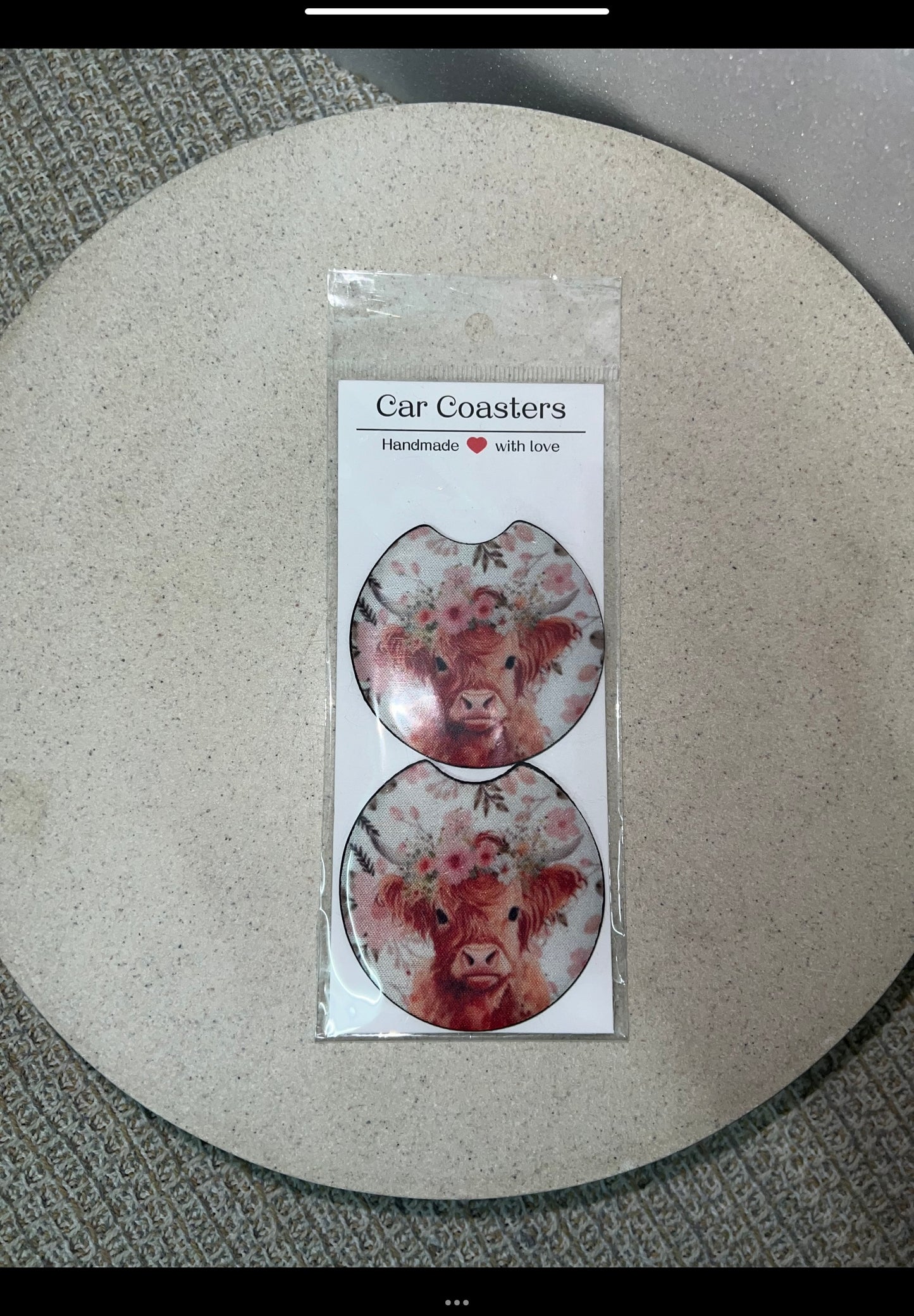 Highland cow w flowers car coasters