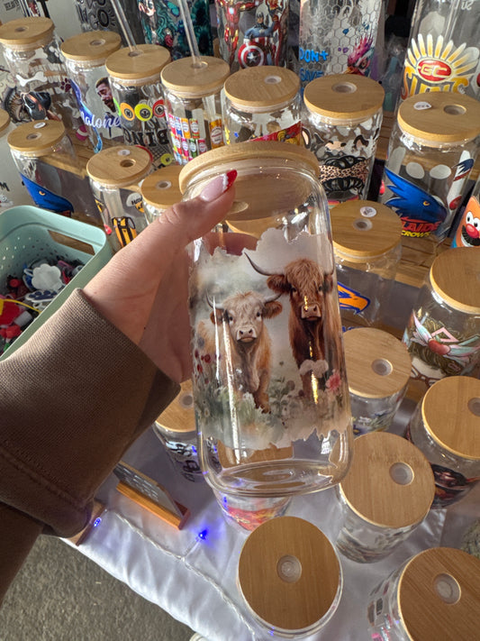 2 highland cows standing next to each other clear