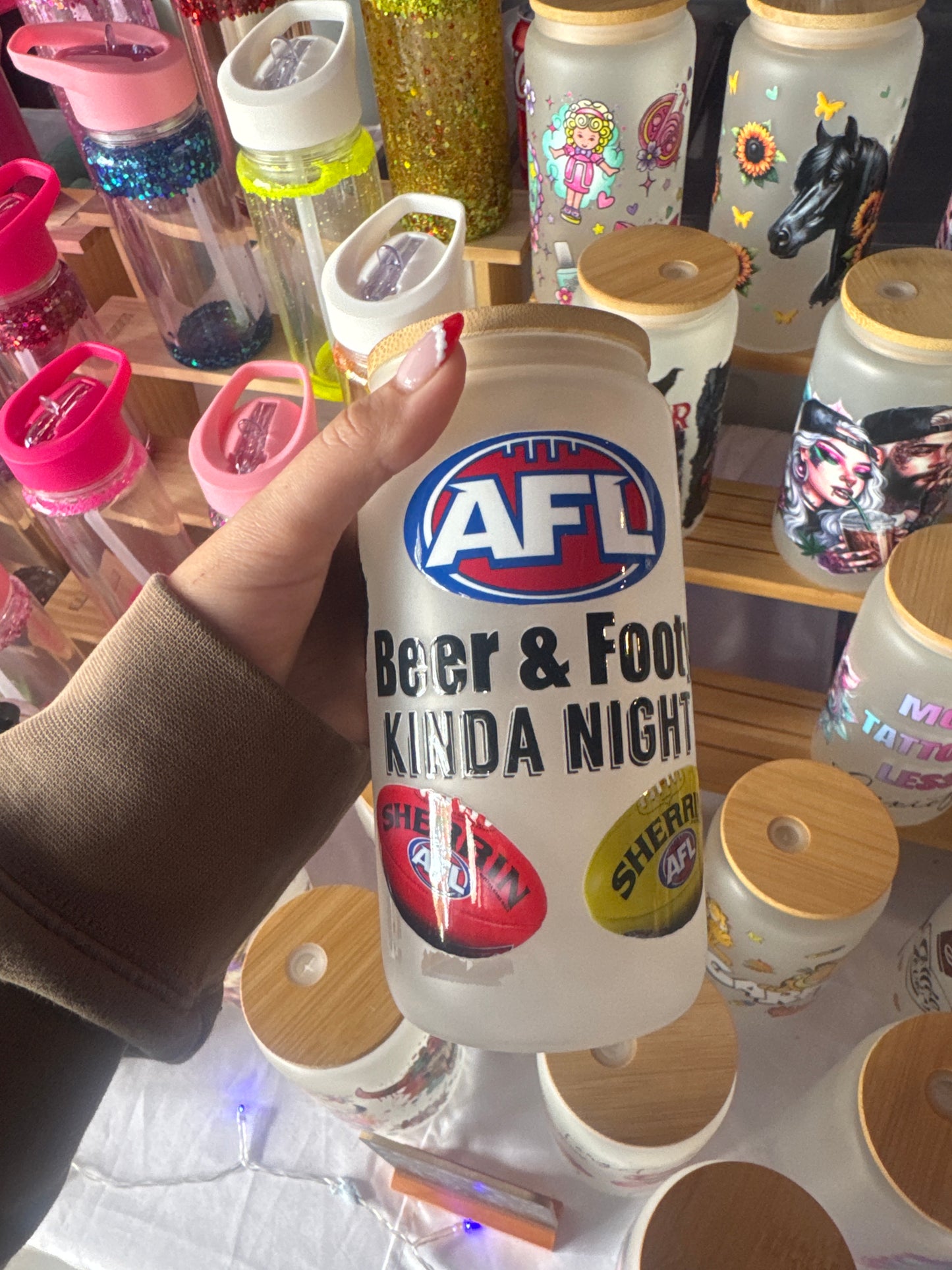 AFL beer and footy frosted glass