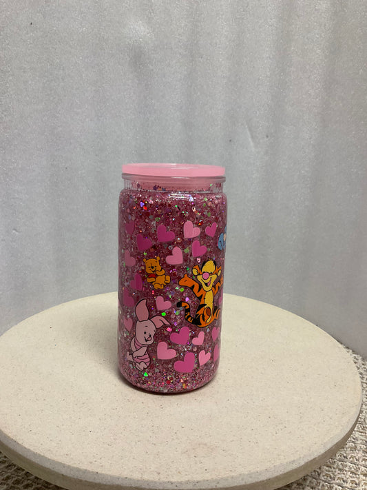 Poo bear hearts pink acrylic snowglobe