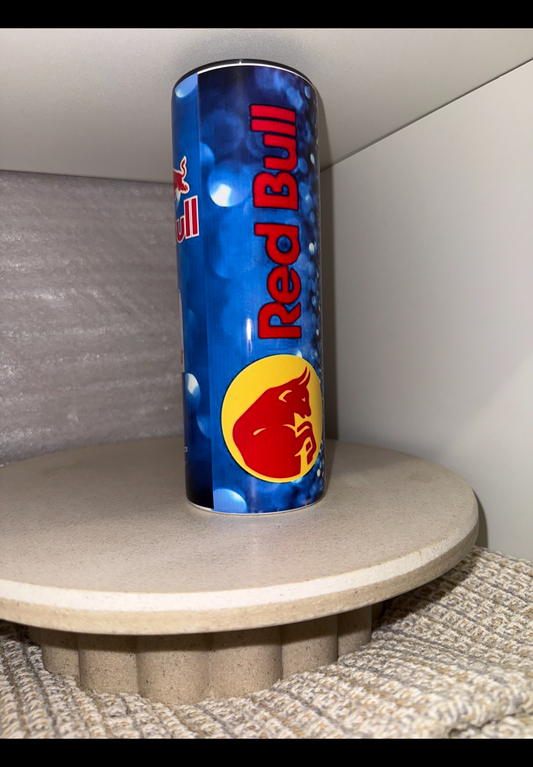 Red bull girl runs on red bull tumbler