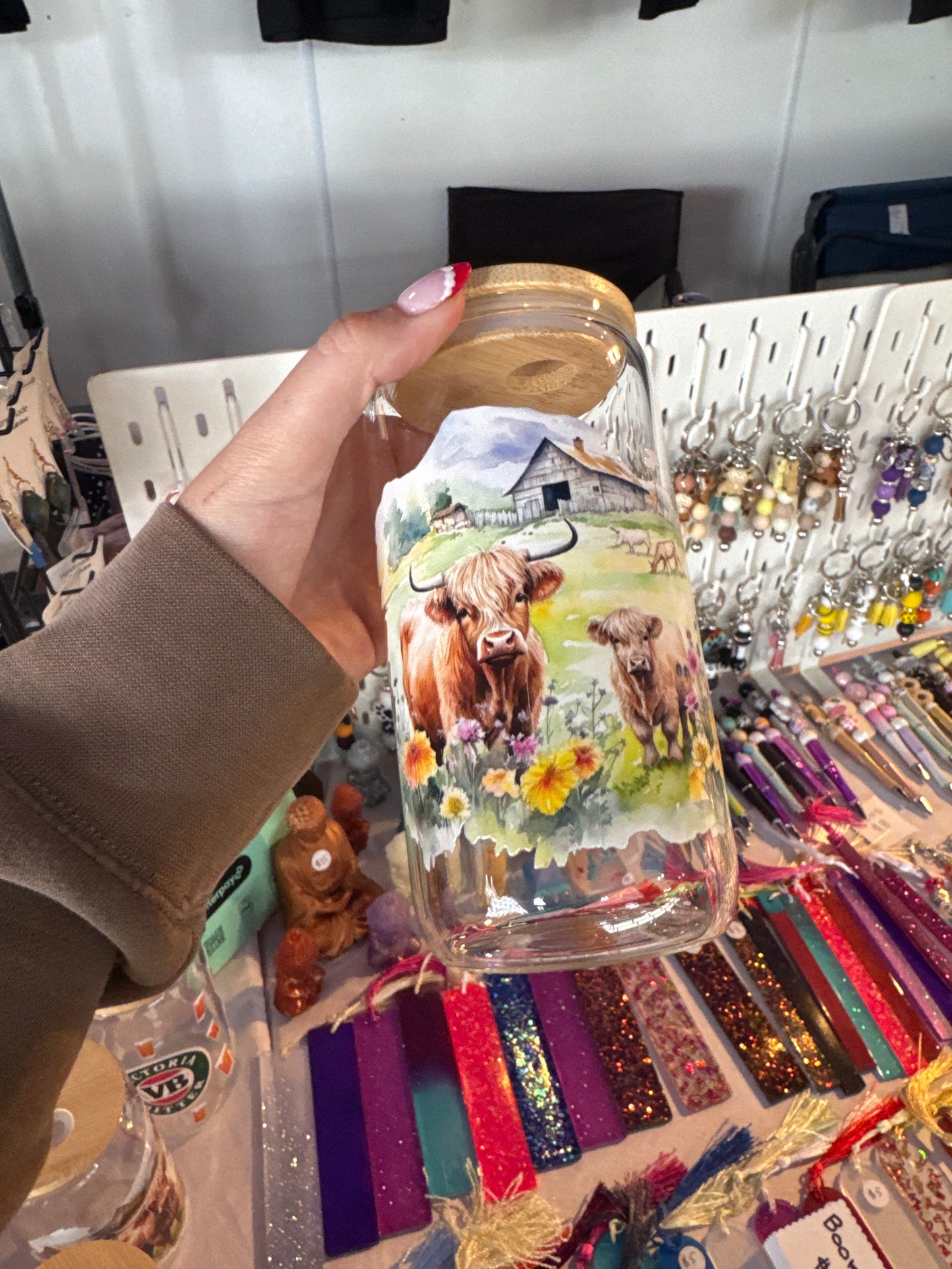 Highland cows with barn clear glass