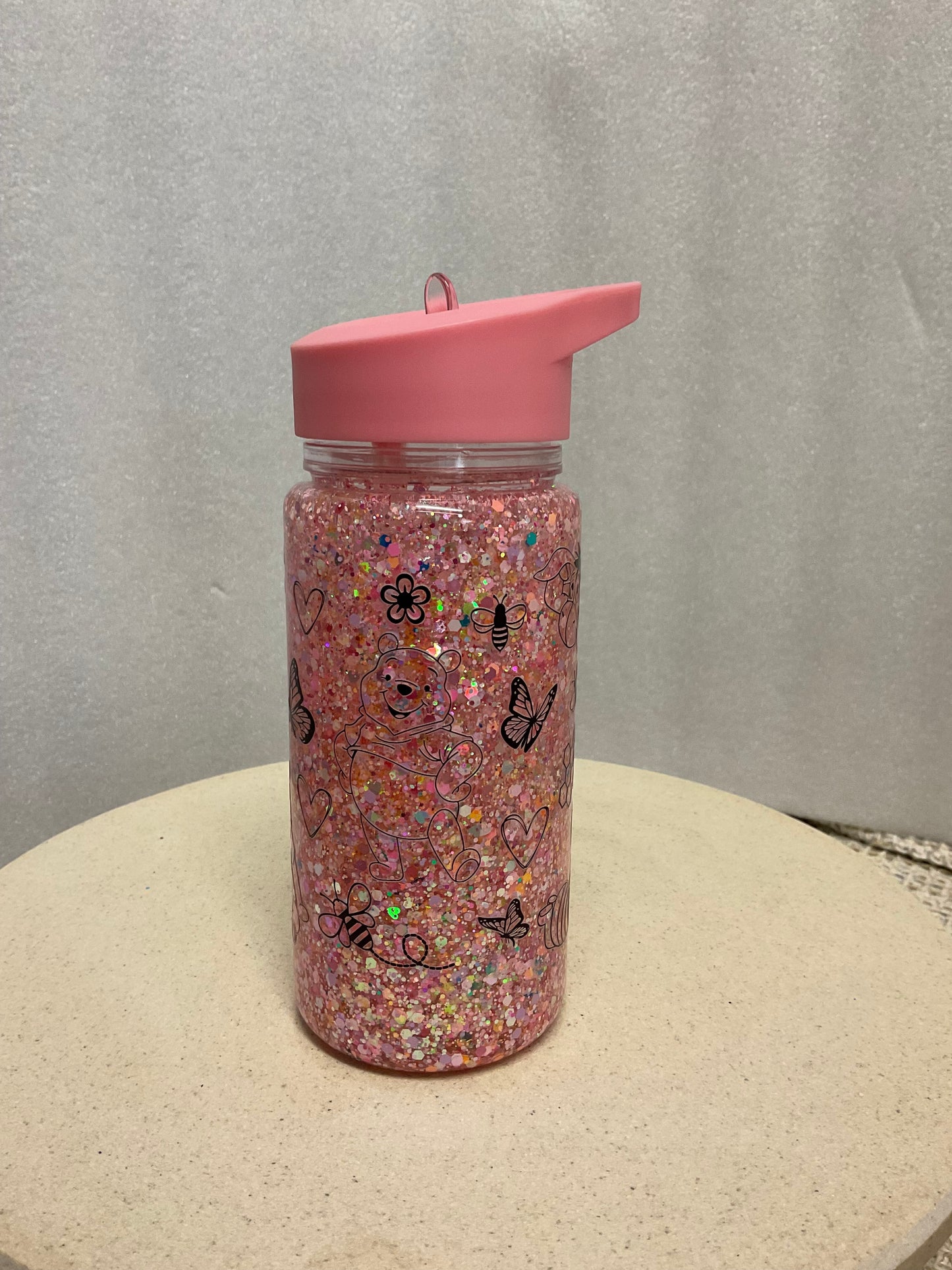 Pooh bear fine line pink snowglobe drink bottle